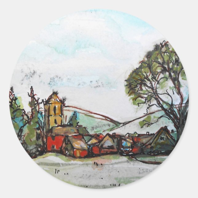 An Idyllic British Village sketch Classic Round Sticker (Front)