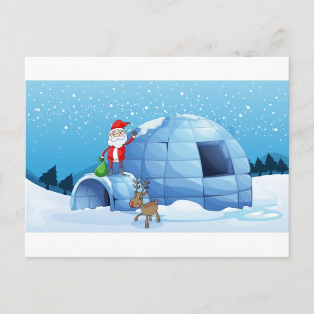 an igloo and a santa clause holiday postcard (Front)