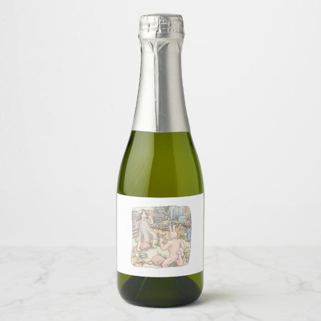 An illustration of a barefoot woman fighting a pin sparkling wine label (Front)