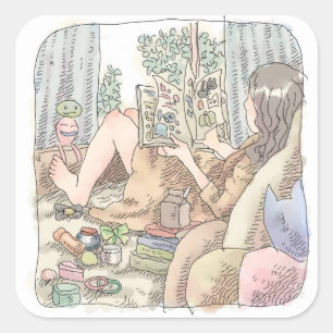 an illustration of a barefoot woman lying in a win square sticker