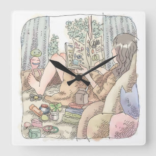 an illustration of a barefoot woman lying in a win square wall clock