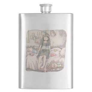 an illustration of a barefoot woman sitting on a p hip flask