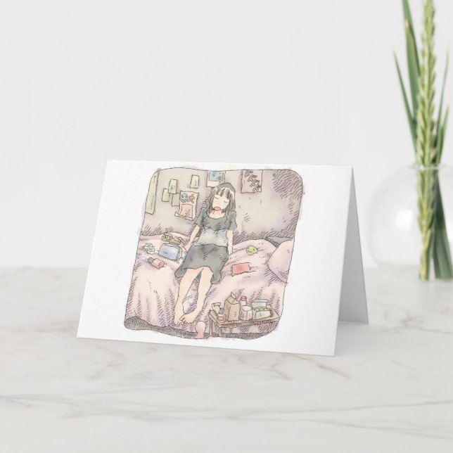 an illustration of a barefoot woman sitting on a p holiday card (Front)