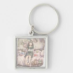 an illustration of a barefoot woman sitting on a p key ring
