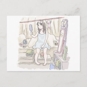 an illustration of a sleeping woman sitting on a b postcard