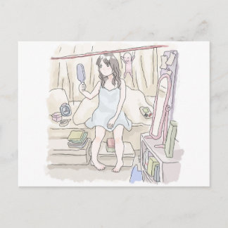 an illustration of a sleeping woman sitting on a b postcard