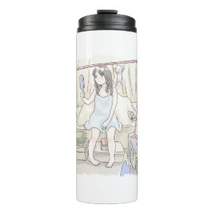 an illustration of a sleeping woman sitting on a b thermal tumbler
