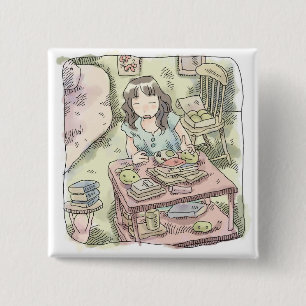 an illustration of a woman clearing a shelf with m 15 cm square badge