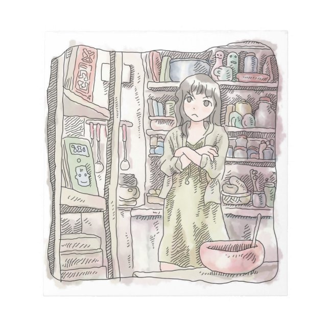 an illustration of a woman in front of a large sun notepad (Front)