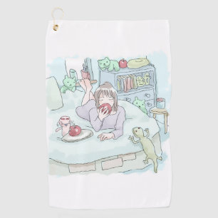 an illustration of a woman lying in a bed in a dam golf towel