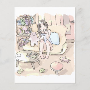 An illustration of a woman sitting barefoot on a s