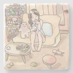 An illustration of a woman sitting barefoot on a s stone coaster