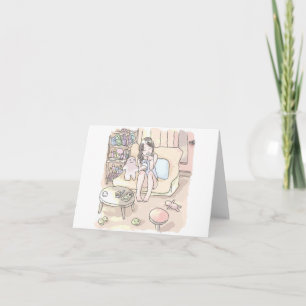 an illustration of a woman sitting barefoot on an note card