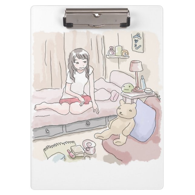 an illustration of a woman sitting in a bedroom be clipboard (Front)