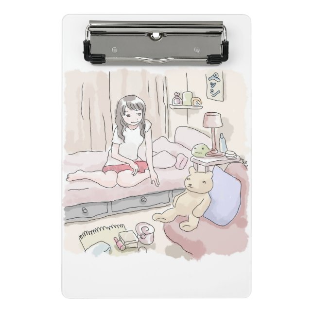 an illustration of a woman sitting in a bedroom be mini clipboard (Front)
