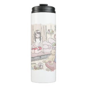 an illustration of a woman sitting in a bedroom be thermal tumbler