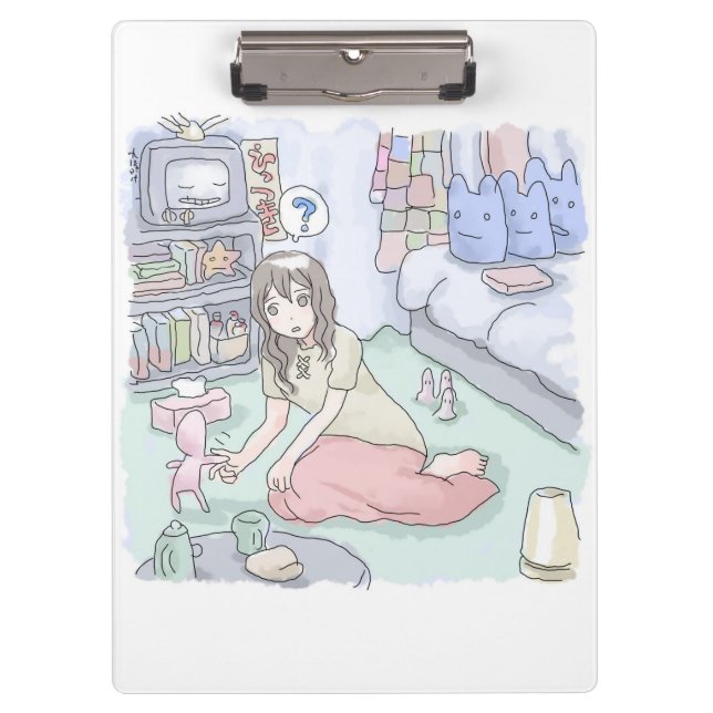 an illustration of a woman sitting in a bedroom wi clipboard (Front)