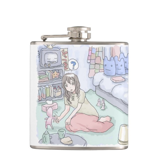 an illustration of a woman sitting in a bedroom wi hip flask (Front)