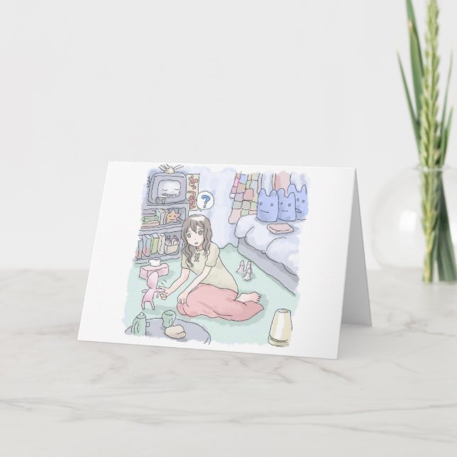 an illustration of a woman sitting in a bedroom wi note card (Front)