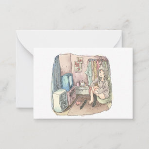 an illustration of a woman sitting in a chair in a card