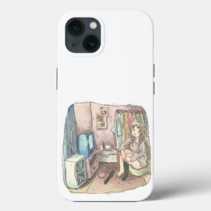 an illustration of a woman sitting in a chair in a iPhone 13 case