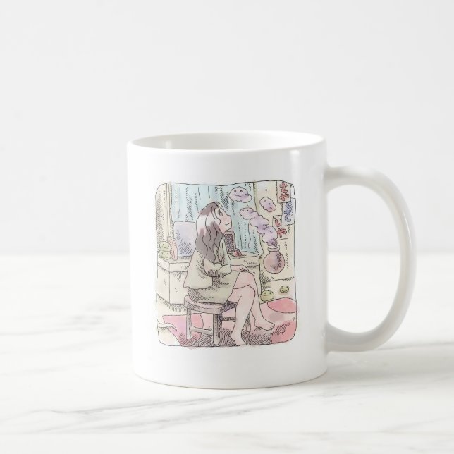 an illustration of a woman sitting in a chair in a coffee mug (Right)