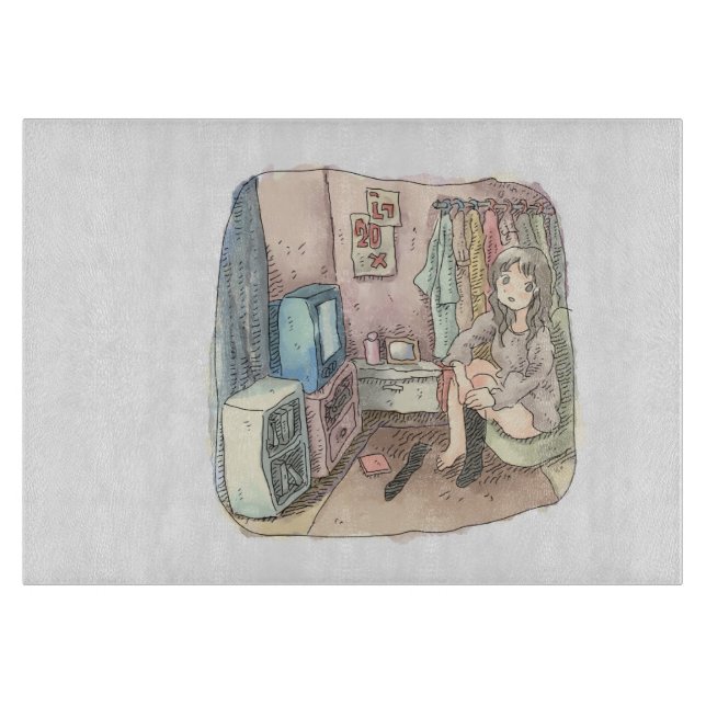 an illustration of a woman sitting in a chair in a cutting board (Front)