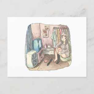 an illustration of a woman sitting in a chair in a holiday postcard