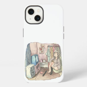 an illustration of a woman sitting in a chair in a iPhone 13 case
