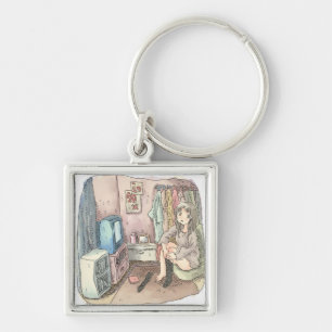 an illustration of a woman sitting in a chair in a key ring