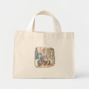 an illustration of a woman sitting in a chair in a mini tote bag