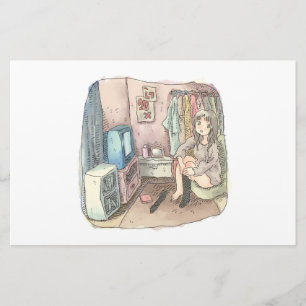 an illustration of a woman sitting in a chair in a stationery