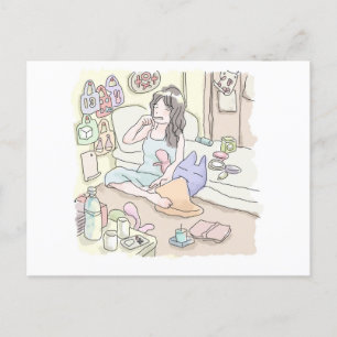 an illustration of a woman sitting in a messy bedr invitation postcard