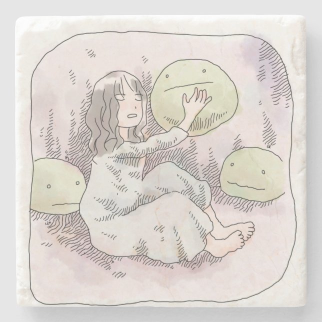 An illustration of a woman sitting on the floor pl stone coaster (Front)