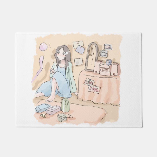 an illustration of a woman sitting on the wall of  doormat (Front)