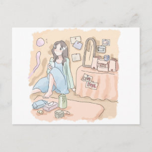 an illustration of a woman sitting on the wall of postcard