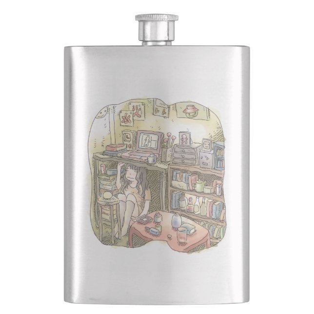an illustration of a woman sitting under a working hip flask (Front)
