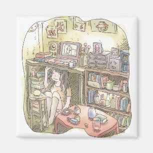 an illustration of a woman sitting under a working magnet
