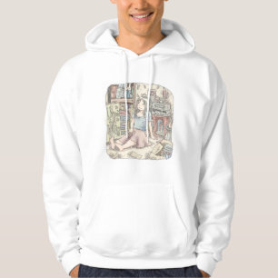 an illustration of a woman sneaking into the front hoodie