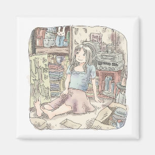an illustration of a woman sneaking into the front magnet