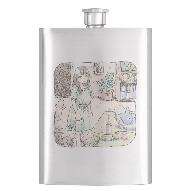 An illustration of a woman standing in a room with hip flask (Front)