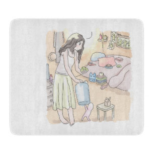 an illustration of a woman standing in an orange r cutting board