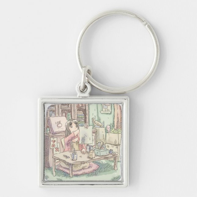 an illustration of a woman who has a piece of pape key ring (Front)