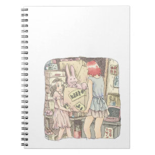 an illustration of two women carrying a cardboard notebook