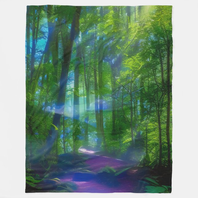 An image of a path in a mysterious forest fleece blanket (Front)