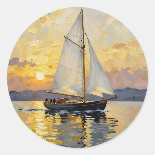 An Impasto Illustration of a Sailboat at Sunset Classic Round Sticker (Front)