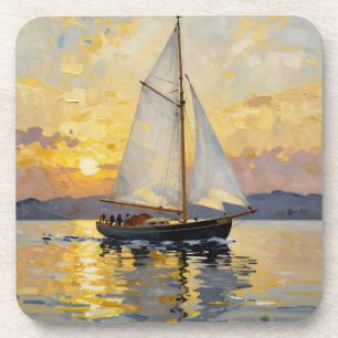 An Impasto Illustration of a Sailboat at Sunset Coaster