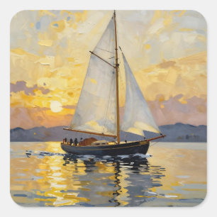 An Impasto Illustration of a Sailboat at Sunset Square Sticker