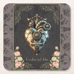An impressive steampunk heart square paper coaster