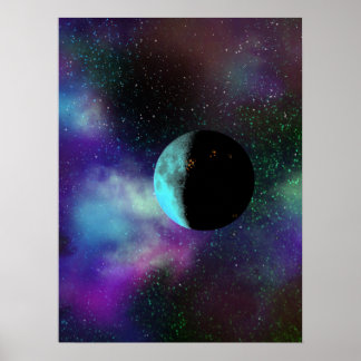 An inhabited moon among purple green stars nebulae poster